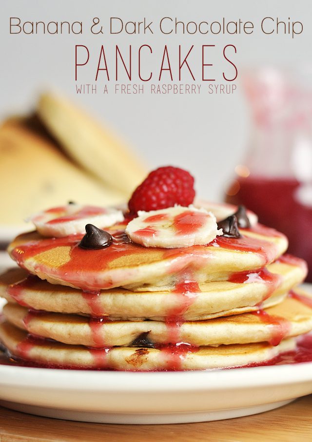 Enjoy this delicious and beautiful Banana and Dark Chocolate Chip Pancake Recipe for a special occasion, or just because!  Topped off with a Fresh Raspberry Syrup