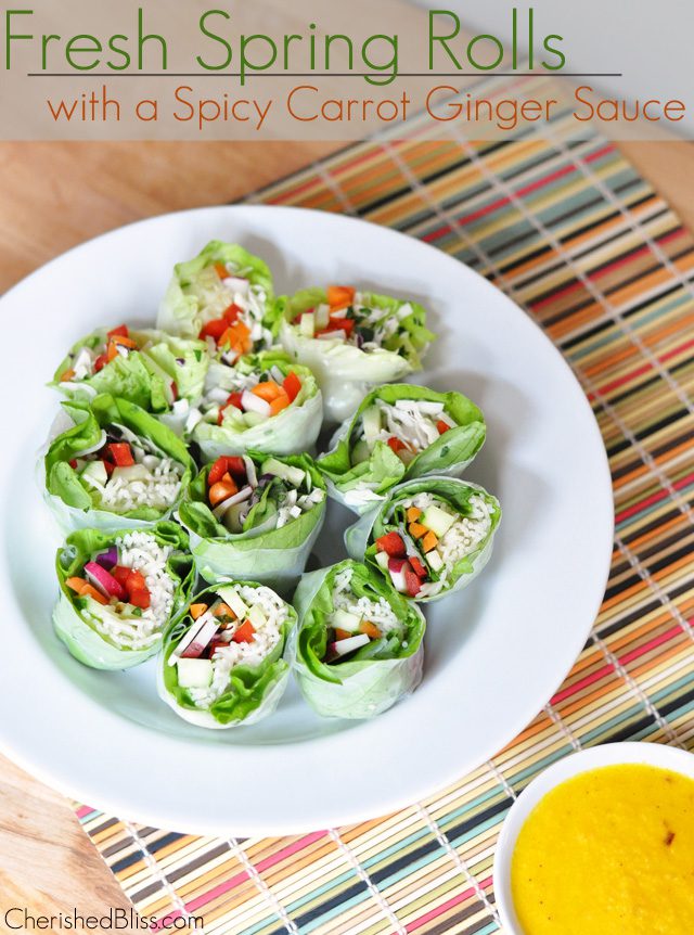 These fresh spring rolls are a wonderful, healthy lunch or dinner option. To top it off there is a yummy spicy carrot ginger sauce to compliment all this goodness.