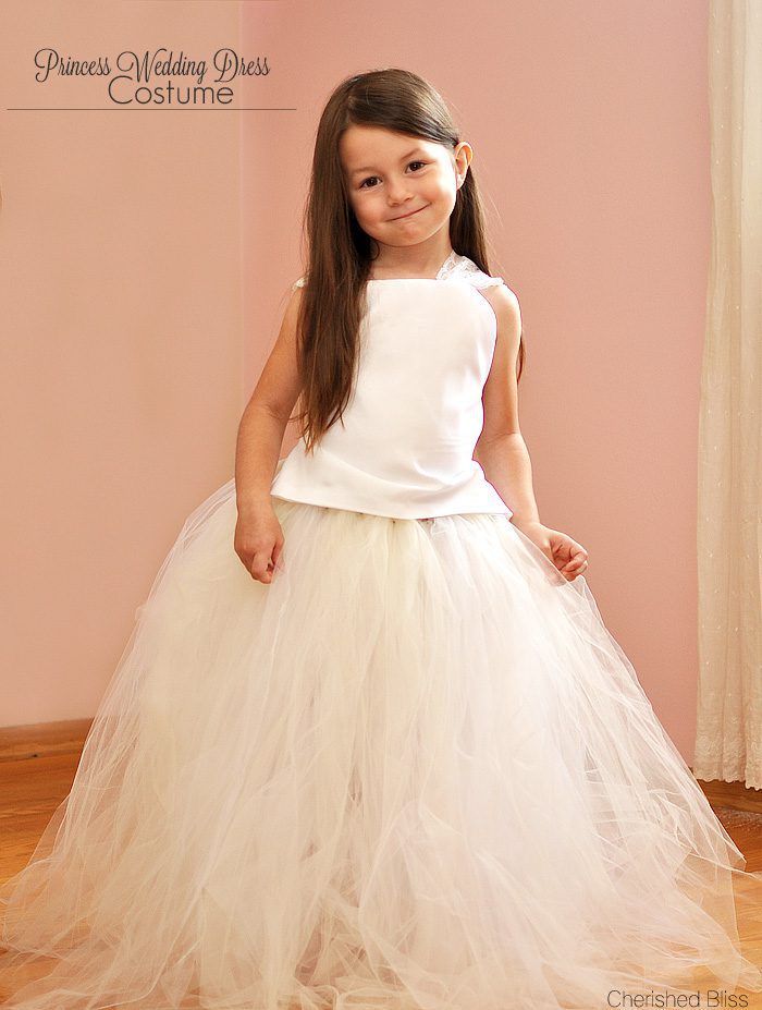 A Princess Wedding Dress Costume with a tutorial on how to make a full length tulle skirt
