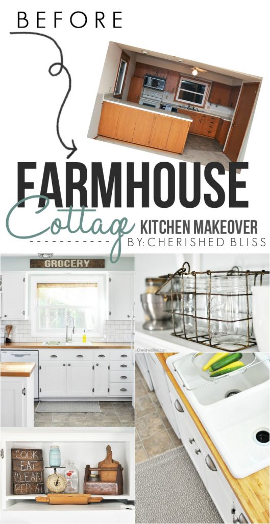 Love this beautiful Farmhouse Cottage Kitchen. Shaker style cabinets, butcher block counter tops, and cast iron sink. All done on a budget! 
