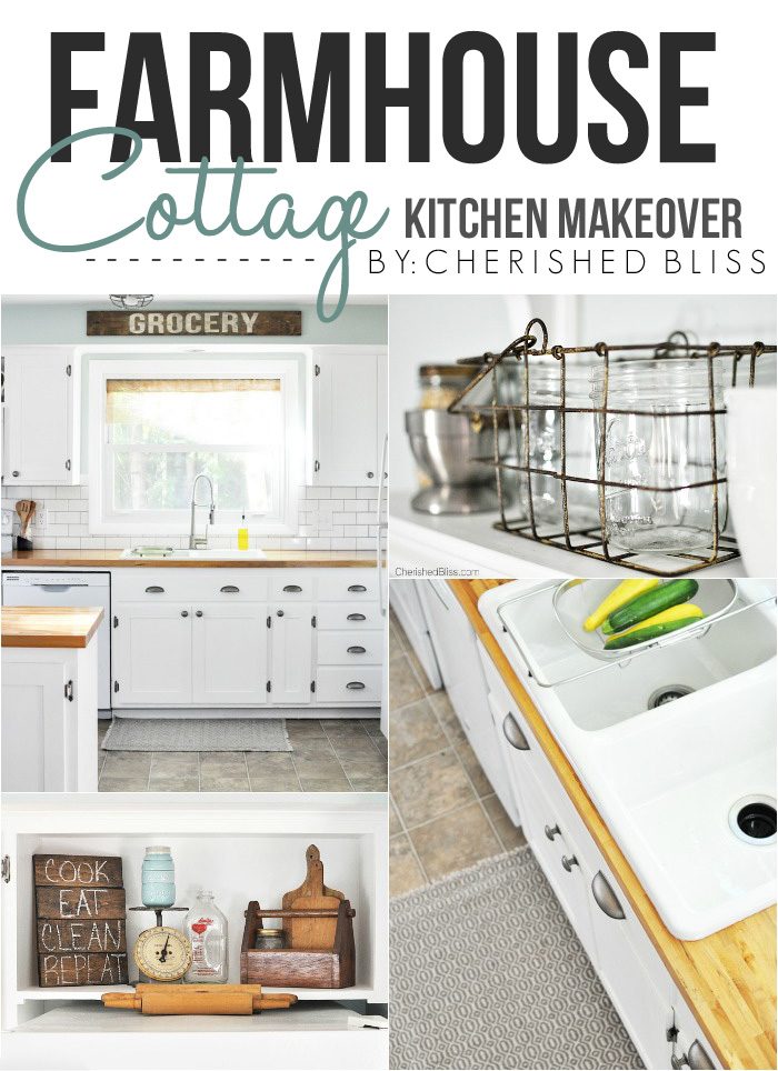 Love this beautiful Farmhouse Cottage Kitchen. Shaker style cabinets, butcher block counter tops, and cast iron sink. All done on a budget! 