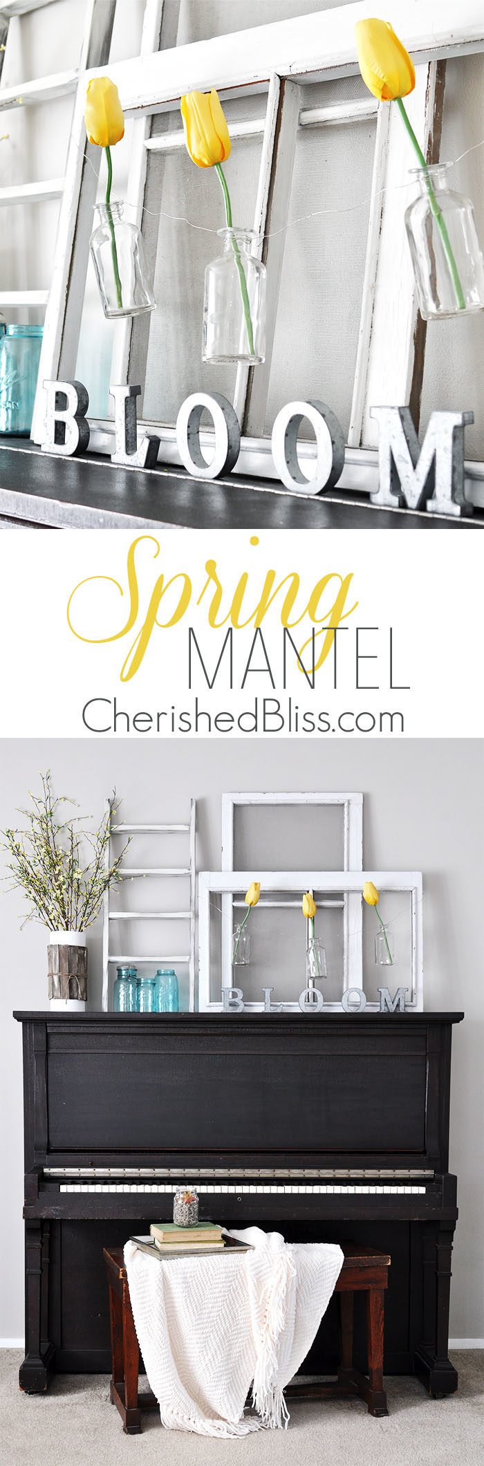 Love this Simple Cottage Farmhouse Spring Mantel from CherishedBliss.com