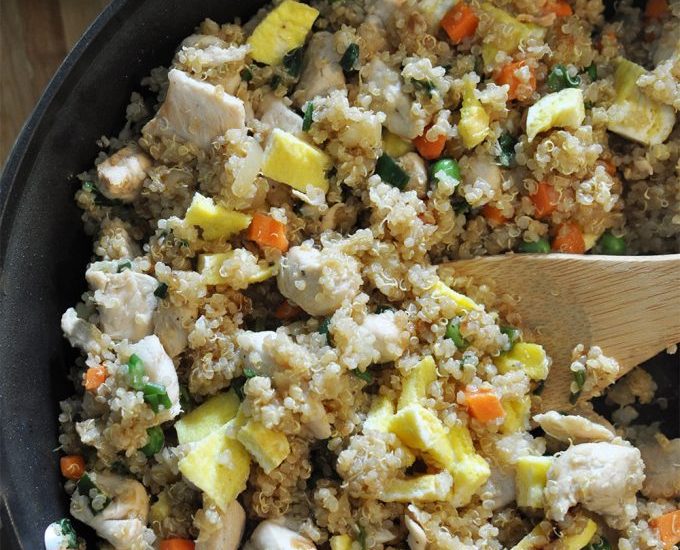 Make this delicious Chicken Fried Quinoa as a quick and easy weeknight dinner without compromising on nutrition! Everyone will love this twist on the traditional Chinese meal!