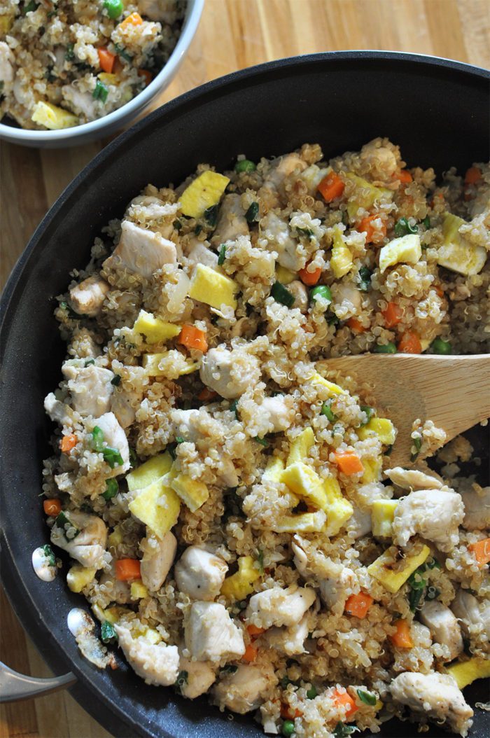 Make this delicious Chicken Fried Quinoa as a quick and easy weeknight dinner without compromising on nutrition! Everyone will love this twist on the traditional Chinese meal!