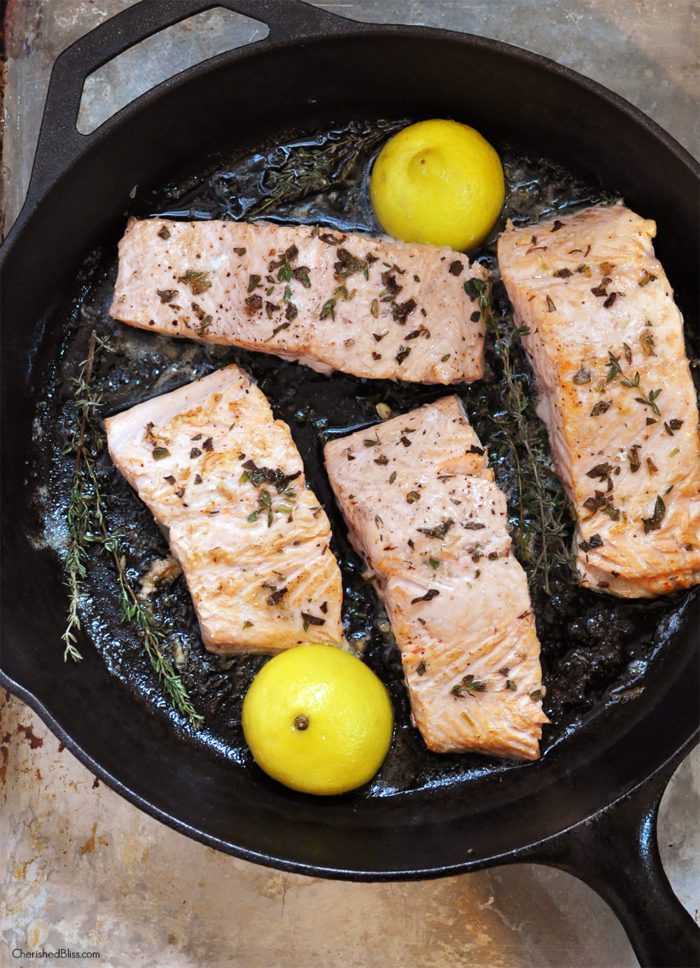 Enjoy a healthy dinner with this Iron Skillet Seared Salmon served with a refreshing Creamy Leek Sauce. The perfect addition to your weekly menu! 