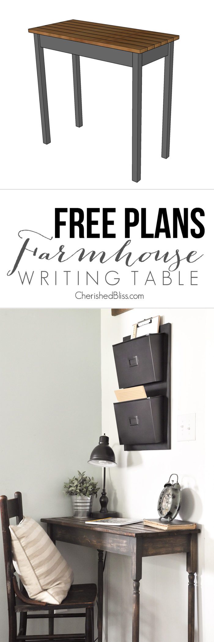Get the free plans for this easy to build Farmhouse Writing Table!