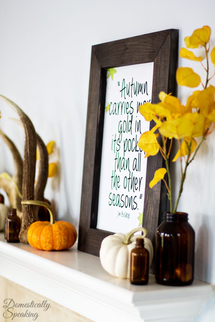 Rustic-Autumn-Mantel-with-antlers-brown-bottles-and-a-cute-free-printable-4