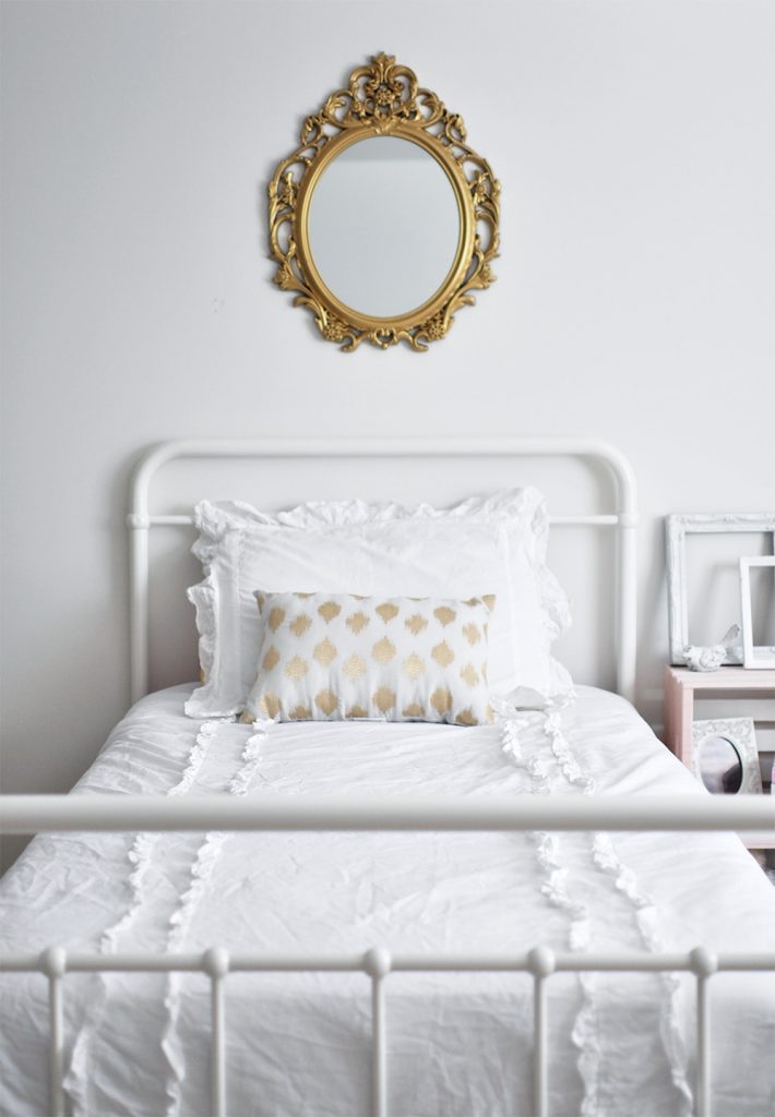 This gorgeous white Feminine Vintage Chic Bedroom is perfect for any little girl who wants to feel like a big girl with touches of pink and gold. 
