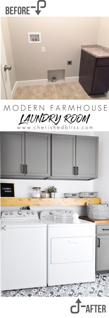 Do laundry in style in this Modern Farmhouse Laundry Room. Come see the transformation from builder grade to gorgeous on a low budget! 