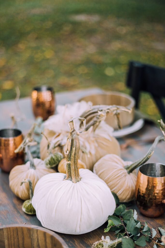 Create a cozy and beautiful outdoor fall tablescape with warm textures using these velvet pumpkins, the perfect addition to your fall decor! 