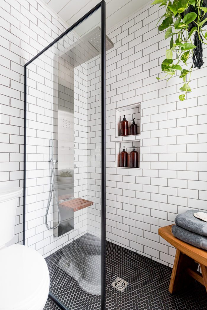 Install this luxury spa style shower head without needing to add plumbing. Looks perfect in this industrial bathroom! 
