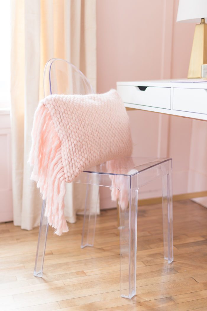 ghost chair in pink and gold girls bedroom