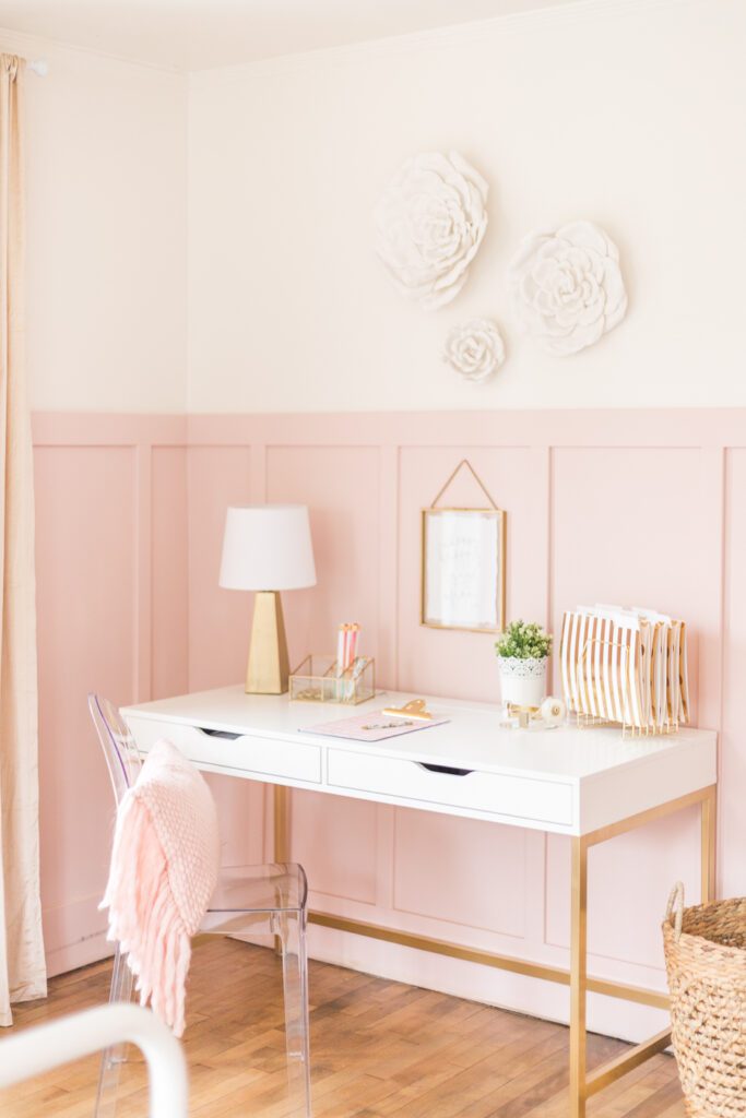 A beautiful Pink and Gold Girls Bedroom with a modern yet delicate touch, fun seating, and functional desk space perfect for all ages!