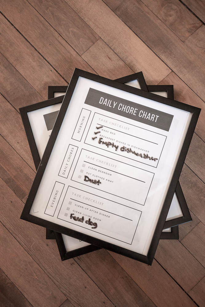 use dollar store frames and dry erase markers for your kids chore charts