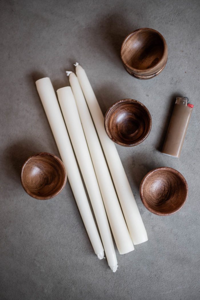 Supplies to create beautiful wooden bowl candles for a tablescape or display. 