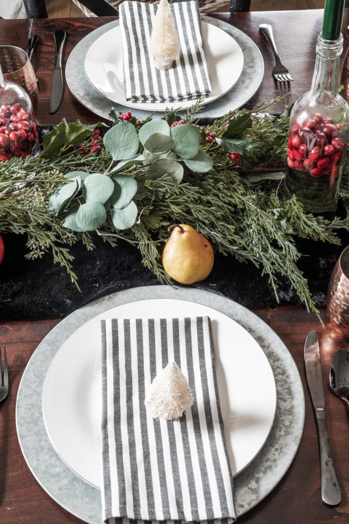 Galvanized Charger Plate pairs well with white plate for use in Christmas Tablescape. 
