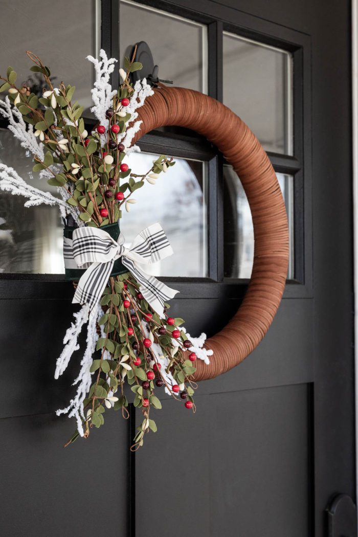 Modern Christmas Wreathing hanging on Black Door - Winter Wreath