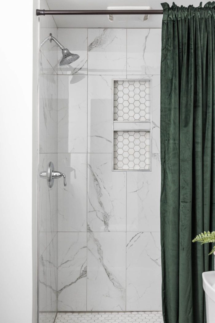 marble shower tile with hexagon shower floor