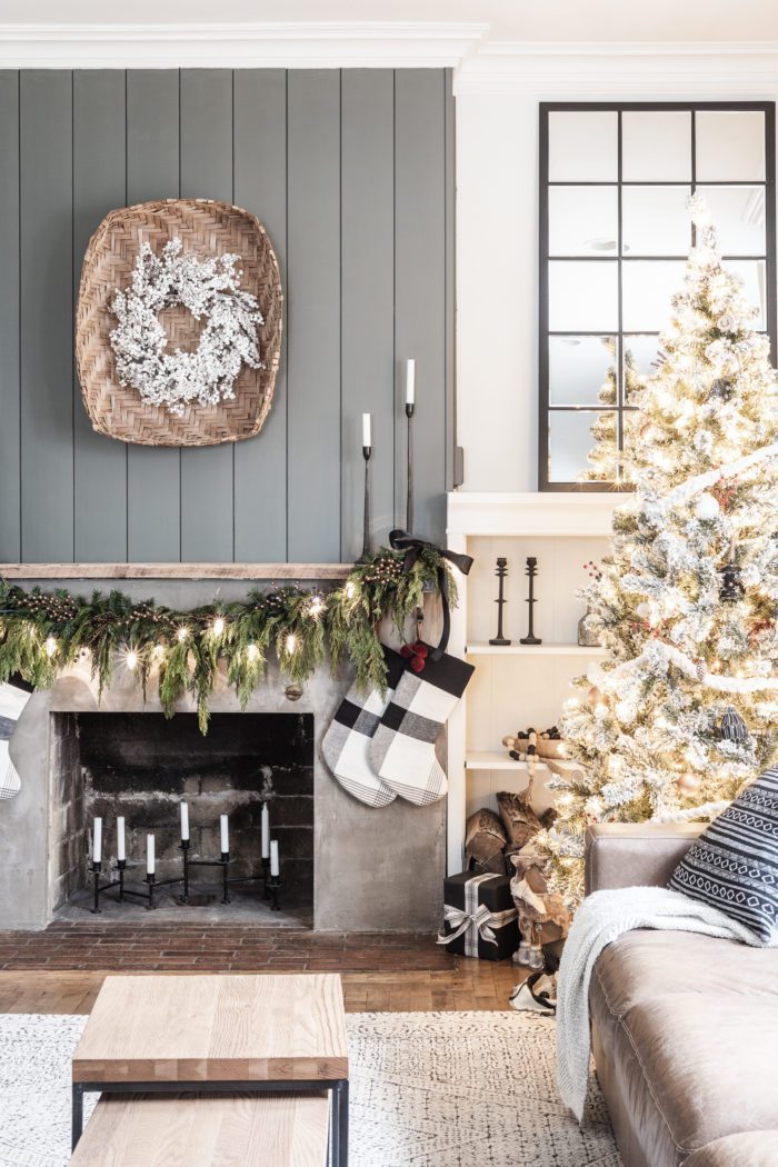 Concrete Fireplace | Simple Christmas Mantel with Fresh Greenery