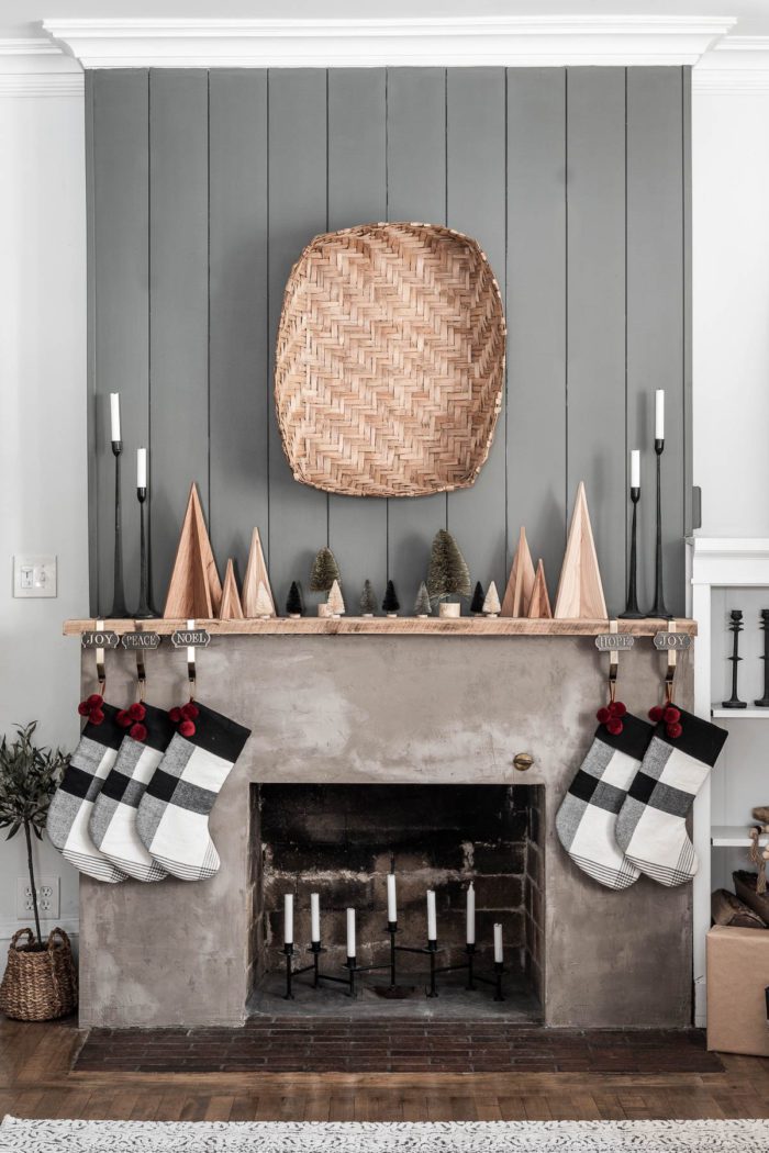 Early Christmas Mantel with Nordic Wooden Trees