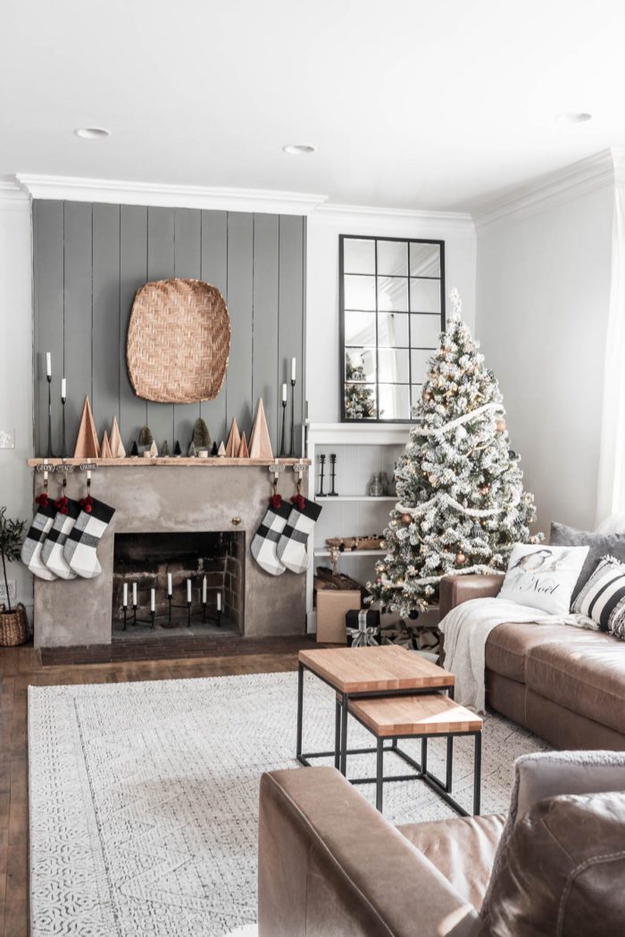 Concrete Fireplace decorated for Christmas with a Modern Rustic Style. 