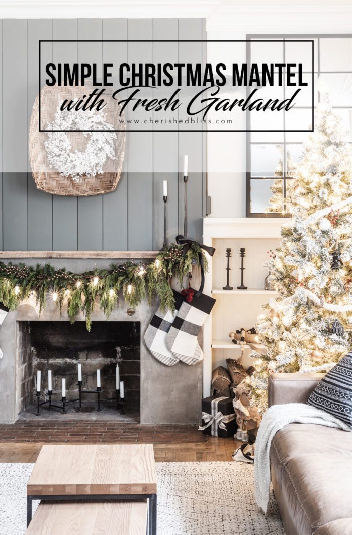 Simple Christmas Mantel with Fresh Garland. 