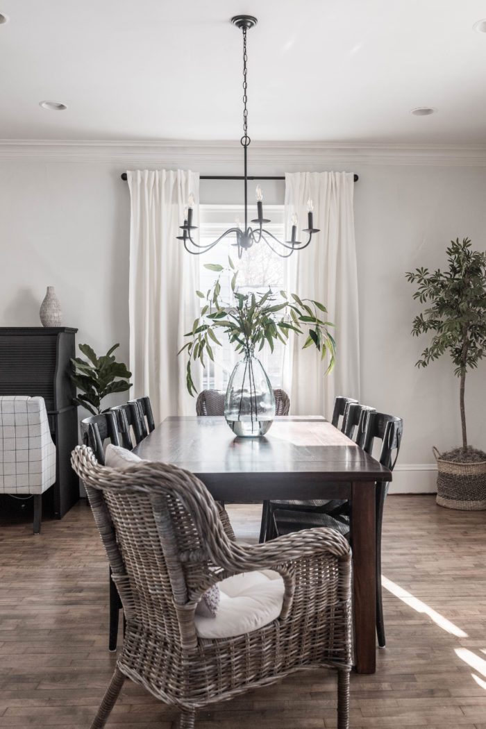 wicker chairs in formal dining room