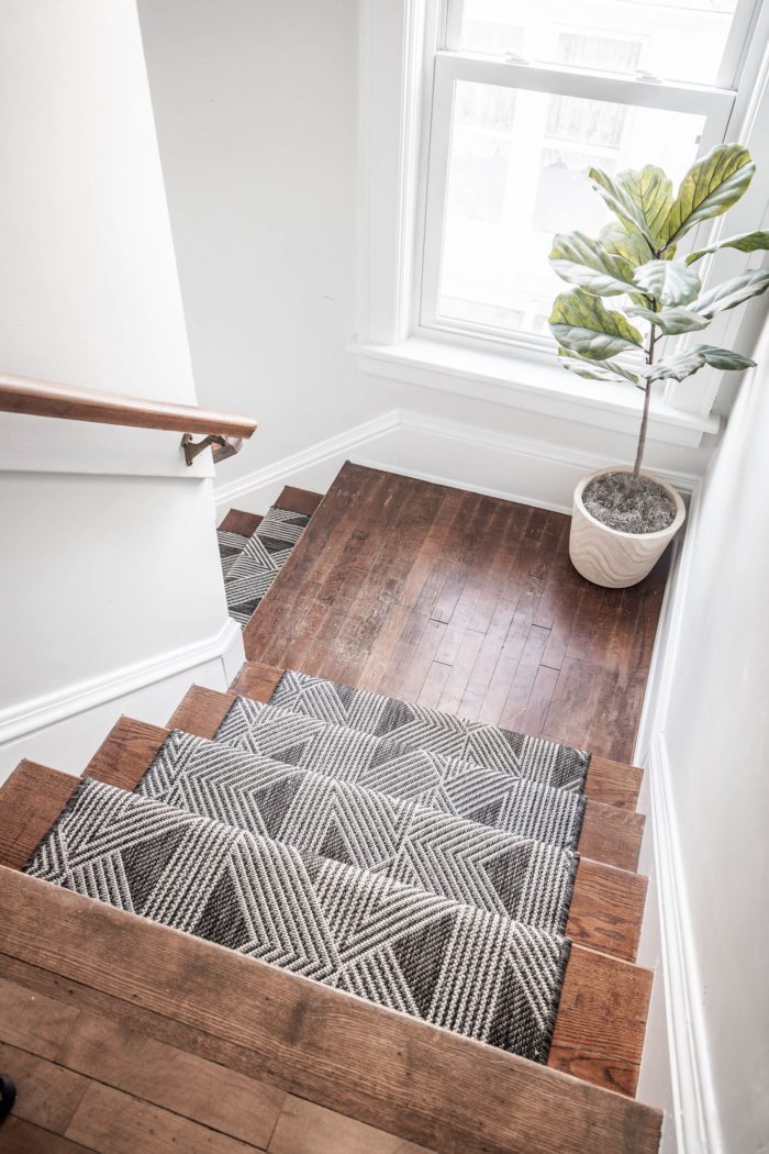 Stair runner on stairs with landing. 