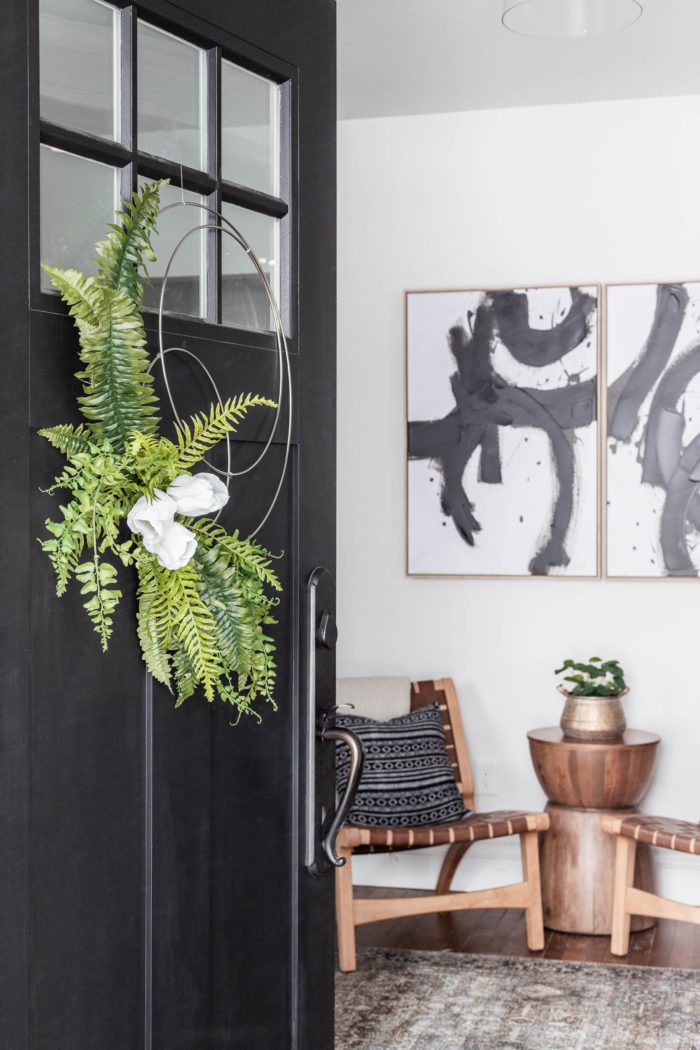 Modern, Minimalist Easy DIY Spring Hoop Wreath on Black Door
