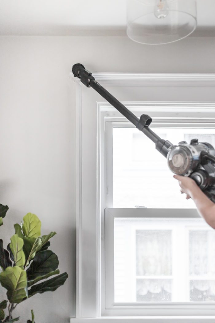 Use a Hoover Stick Vacuum the dust the tops of windows and hard to reach areas. 