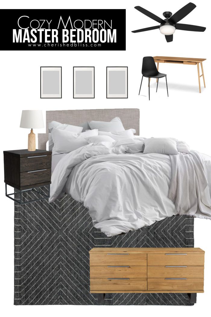 Master Bedroom Design Board with light wood tones and black, white, and neutral decor.
