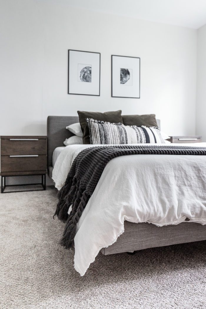 How to make a cozy minimalist bed. White Bedding and gray throw blanket. 