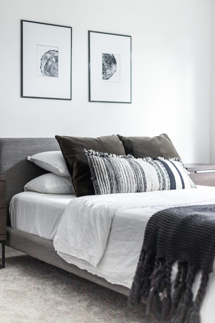 Throw Pillows on Queen Bed. 