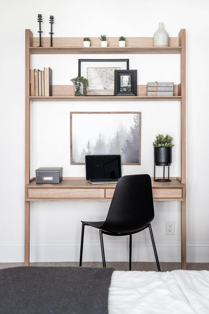 Leaning desk with built in shelves. 