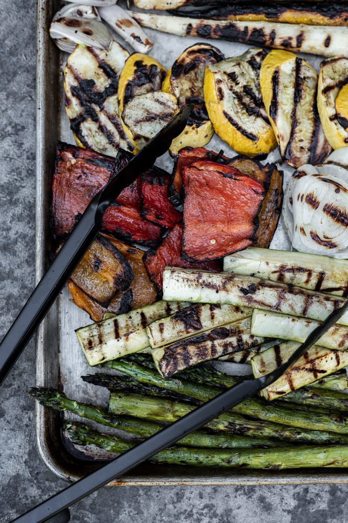Grilled Vegetables on a cookie sheet with the perfect char. 