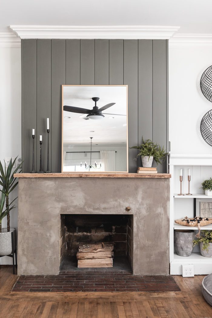 Summer Mantel Styling Ideas on a concrete fireplace with shiplap. 