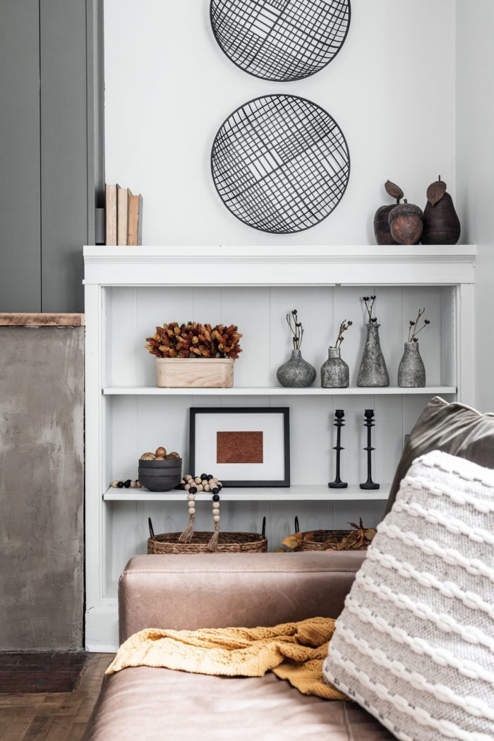 White built-in shelf with DIY Fall Shelf Decor and Accessories