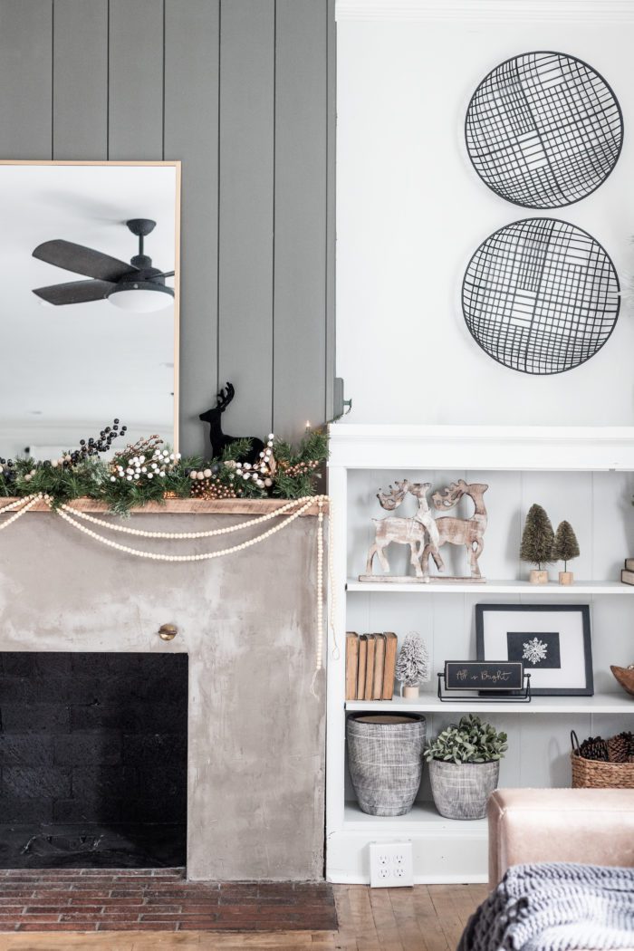 Cozy Winter Decor on a Concrete Fireplace with built ins. 