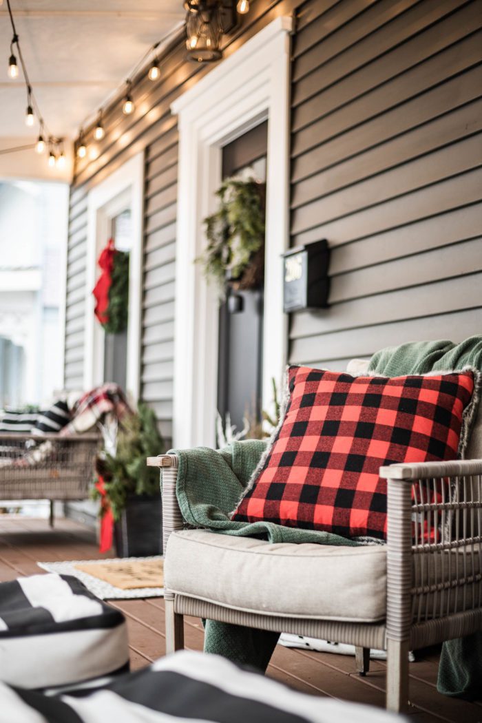 Red Buffalo Check Pillow used in front porch Christmas Decor