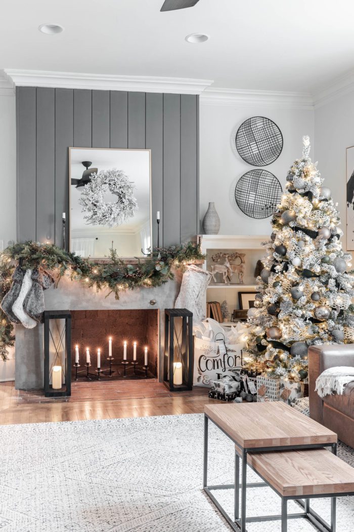 Christmas Fireplace with Large DIY Wood Lanterns on either side! The perfect way to add a little glow to your Christmas setting!