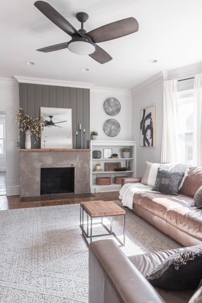 Neutral Spring Mantel Decor in a transitional living room. 