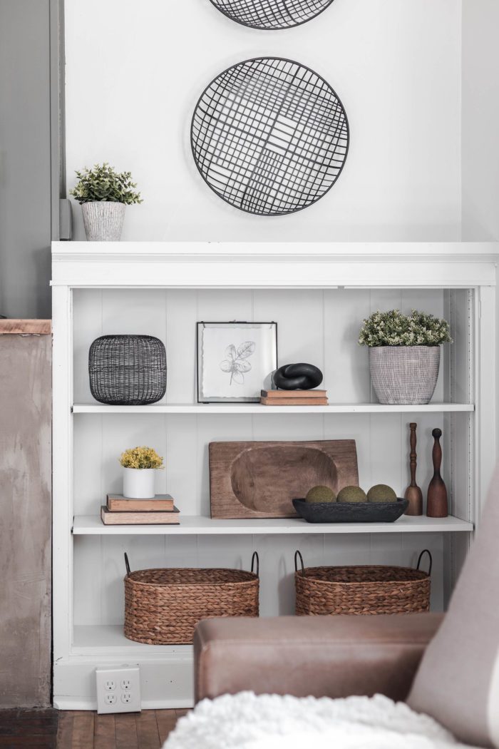 Neutral Spring Decor - shelf styling with neutral items. 
