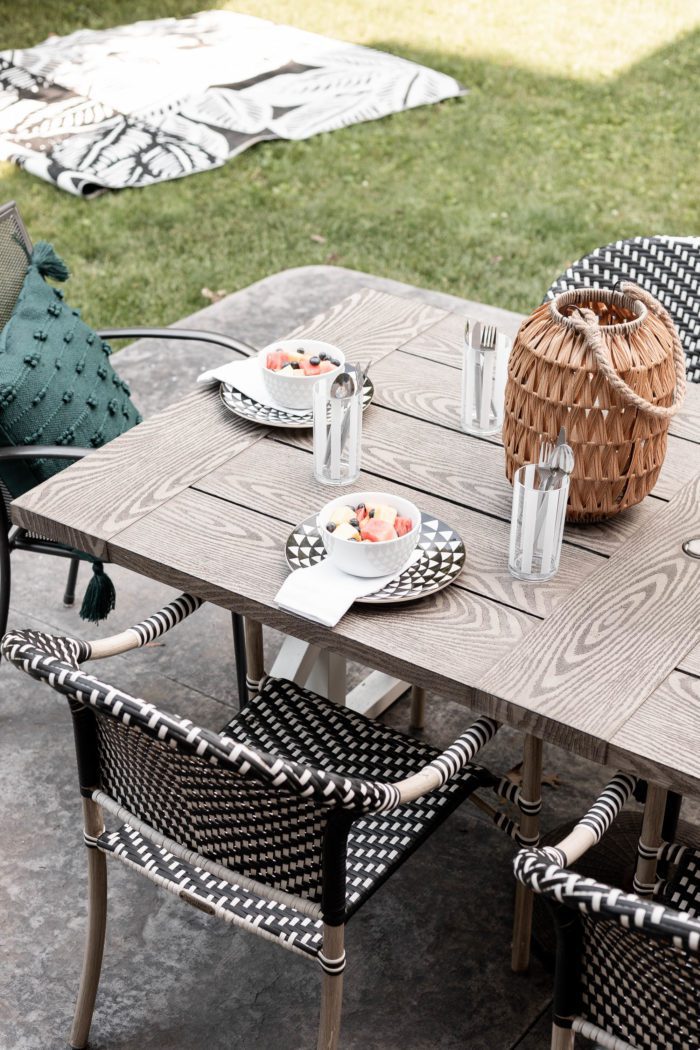 Fun patterned plates used in an outdoor summer tablescape. 