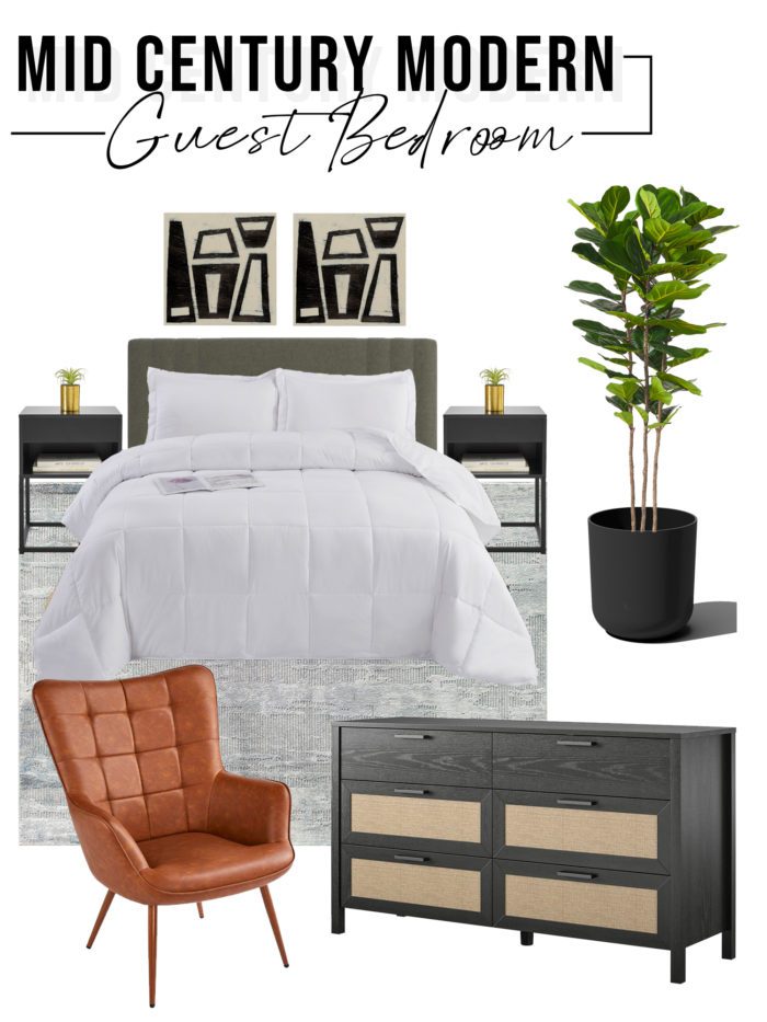 Mid Century Modern Guest Bedroom Design Board with neutral colors. 