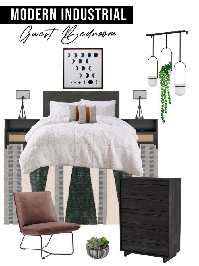 Modern Industrial Guest Bedroom Design Board with neutral colors and cozy bedding. Design Ideas for creating a welcoming guest room! 