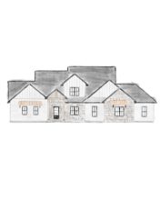 Watercolor rendering of a modern rustic home with white siding, black trim, and black windows.