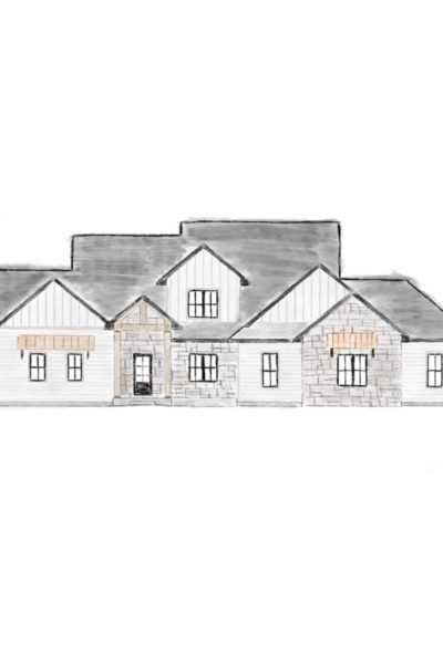 Watercolor rendering of a modern rustic home with white siding, black trim, and black windows.