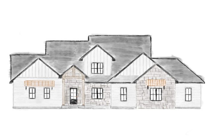 Watercolor rendering of a modern rustic home with white siding, black trim, and black windows. 