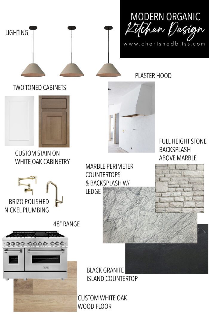 Digital design board for a Modern Organic style kitchen with pendants, cabinet examples, plaster hood, and kitchen accessories.
