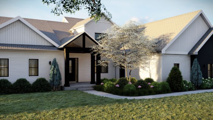 Digital Mockup of front yard lModern Prairie Landscape Design with a white house and black beams. 